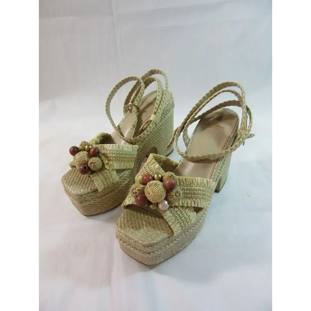 SAM EDELMAN Tan Size 10 Raffia Tropical Beaded Platform Wedge Ankle Strap Sandal - Picture 2 of 8